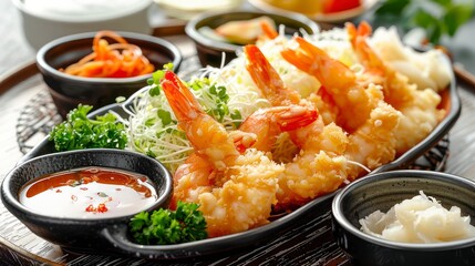 Tempura with Seafood and Vegetables, Accompanied by Dipping Sauce