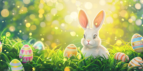 easter bunny with eggs,White red cute easter bunny next to colored eggs on grass,Colorful happy bunny with many easter eggs on grass festive background for decorative design

 - obrazy, fototapety, plakaty