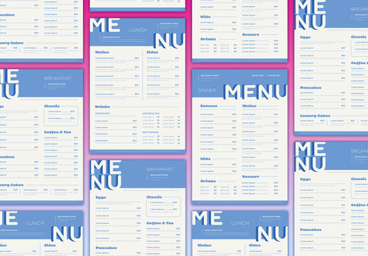 Blue and White Menu with Bold Typography