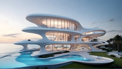 huge modern futuristic coastal estate with fashionmodell