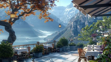 Fototapeten Outdoor cafe on mountain, trees, restaurant. Generative AI. © visoot