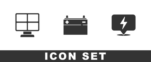 Set Solar energy panel, Car battery and Lightning bolt icon. Vector