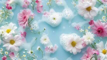 A bathtub filled with water, foam and various colorful flowers and petals. Spa salon concept, body care