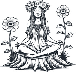 Hippie woman meditating on a tree stump,  Vector illustration - 748768282