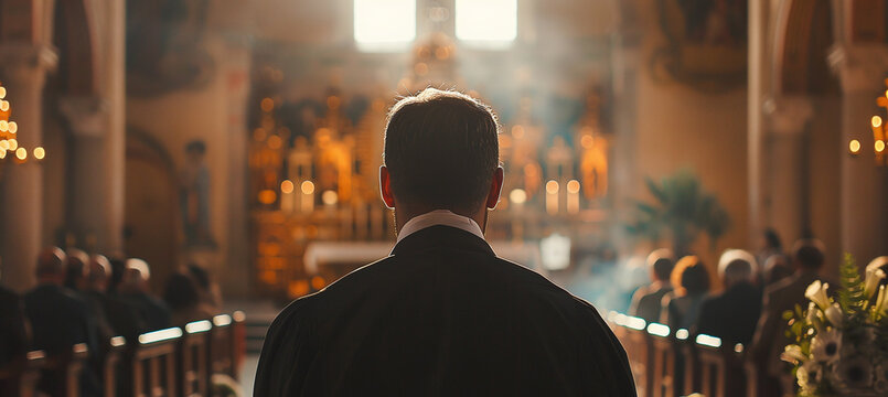 Mass ceremony and religious leader during worship, sermon and prayer for parishioners in a church building.