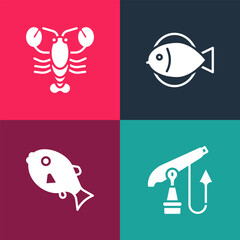 Set pop art Fishing harpoon, Tropical fish, and Lobster icon. Vector