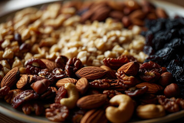 Diverse Dried Fruits and Nuts on Platter for Healthy Snacking.