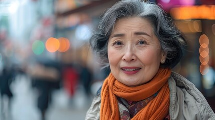 A Chinese woman in the city street, happy expression. Generative AI.