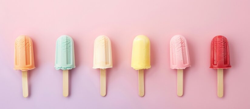Various tasty sweet Ice cream sticks isolated on pastel colors background. Generated AI image