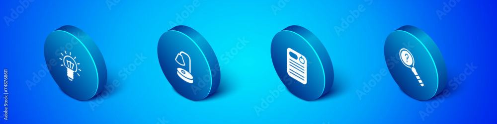 Poster set isometric light bulb, dossier folder, unknown search and table lamp icon. vector