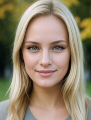 Naklejka premium Portrait of a blonde girl. A girl smiles in the park. Amazing smile.