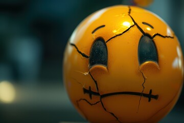 Cracked Mask: The sad emoji has cracks running through its face. - obrazy, fototapety, plakaty