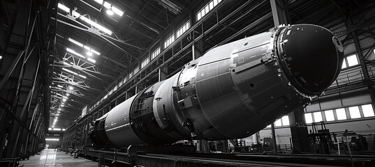huge rocket on a conveyor belt at a military factory