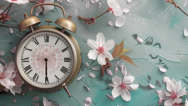 Spring time, spring ahead, time, time passing, hours, wall clock spinning animation through the hours on a spring time themed background