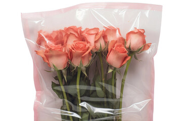 A group of pink roses tightly packed in a clear plastic bag, ready to be transported or gifted. The roses are vibrant in color and appear freshly cut, with stems bundled together.