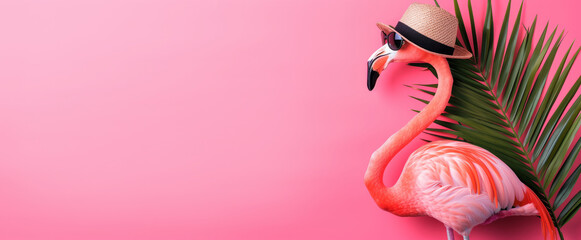 Hot pink flamingo in sunglasses wearing a hat on a pink background, summer holiday concept, tourism, banner with copy space
