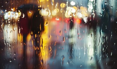 Romantic but depressive blurred night city with orange street lights with people silhouettes with umbrellas under rain