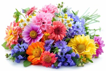 The bouquet of bright flowers is isolated on a white background