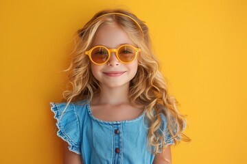 A smiling beautiful blonde girl wearing sunglasses and a blue dress against a yellow background....