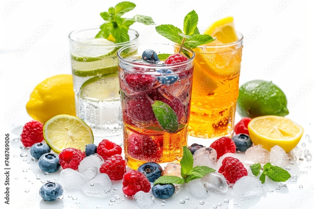 Poster An isolated white background shows summer drinks with ice, fresh berries, lemons, and limes