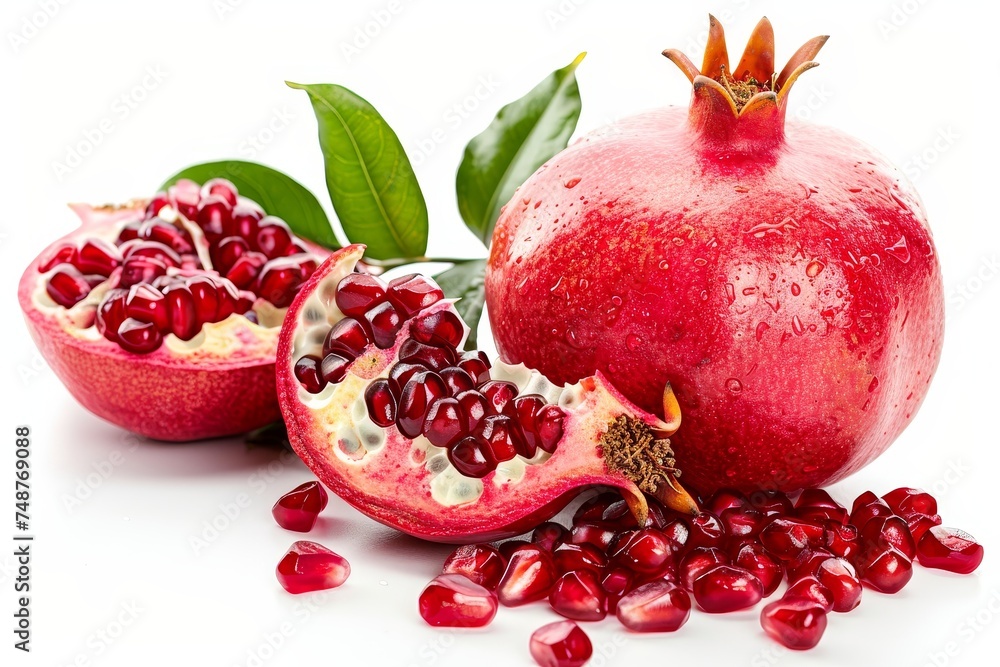 Poster deconstructed scene with a healthy pomegranate beautifully arranged on a white background