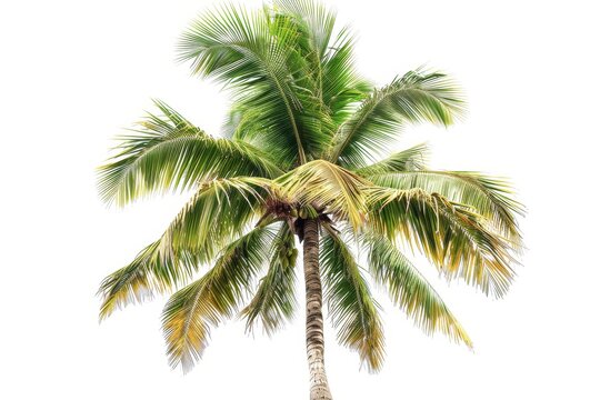 An isolated white background shows a coconut palm tree.