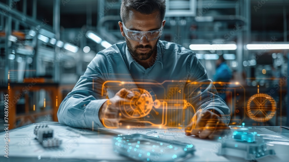 Poster Professional engineer sitting at a table with drawings, using augmented reality on a mobile device to display digital twin engineering of an HVAC system. Generative AI.