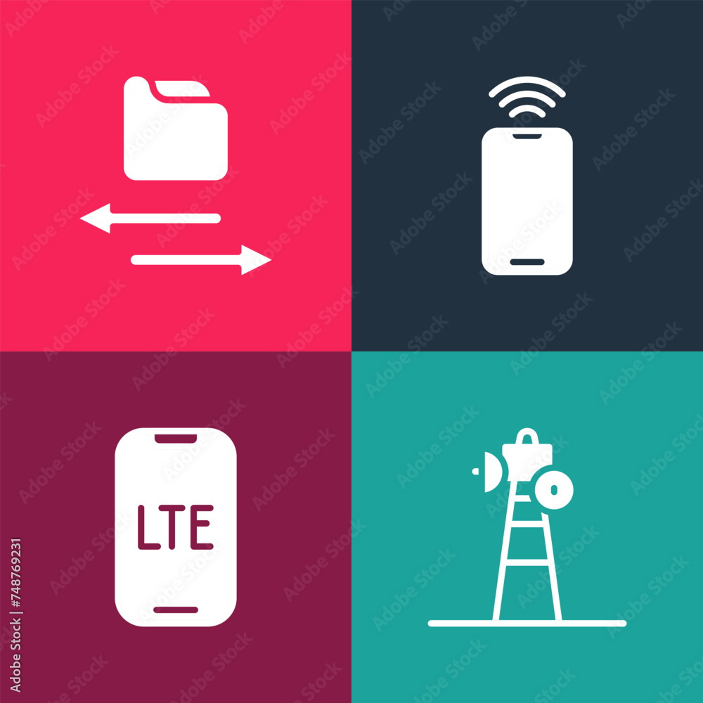 Sticker Set pop art Satellite dish, LTE network, Mobile with wi-fi wireless and Transfer files icon. Vector