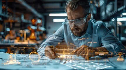 Professional engineer sitting at a table with drawings, using augmented reality on a mobile device to display digital twin engineering of an HVAC system. Generative AI.