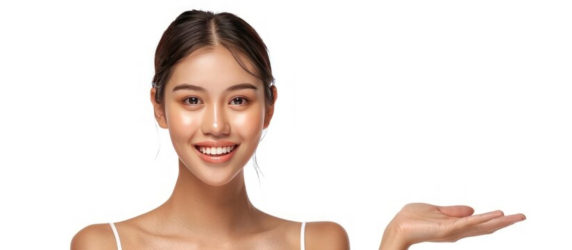 Portrait beauty woman model showing empty palm copy space white background. Generated AI image