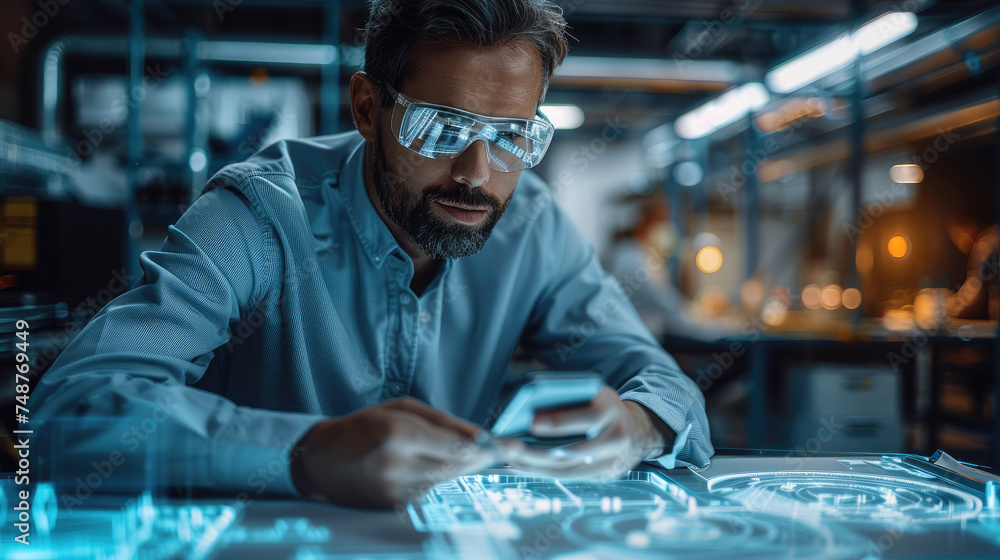 Poster professional engineer sitting at a table with drawings, using augmented reality on a mobile device t
