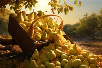 A harvest of yellow pears, collected in the garden and scattered on the ground in the garden. The concept for the development of horticultural farms, small businesses, growing non-GMO products.
 - obrazy, fototapety, plakaty
