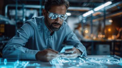 Professional engineer sitting at a table with drawings, using augmented reality on a mobile device to display digital twin engineering of an HVAC system. Generative AI.