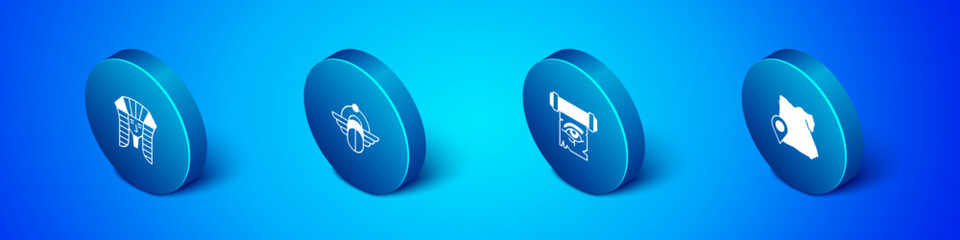 Set Isometric Egyptian pharaoh, Eye of Horus on papyrus scroll, Map and Scarab icon. Vector