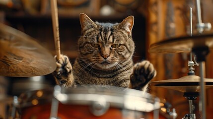 Fototapeta na wymiar Cat Drummer Playing the Drum