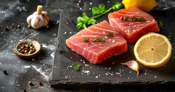 Fresh Tuna Paired with Lemon and Garlic, Set Against a Dark Rustic Realm