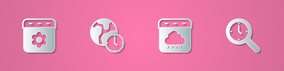 Set paper cut Calendar spring, World time, autumn and Magnifying glass with clock icon. Paper art style. Vector