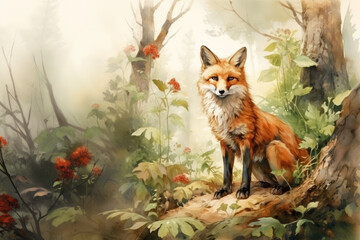 Alert red fox in misty forest with autumn foliage. Wall art wallpaper