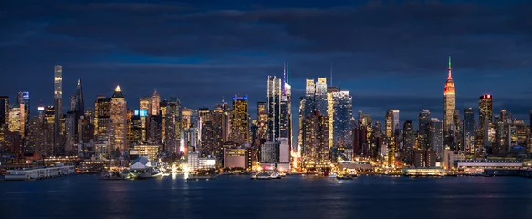 Acrylic prints United States New York City panoramic view at dusk from the Hudson River. The view includes the skyscrapers of Manhattan Midtown West Manhattan illuminated at night. NYC, NY, USA