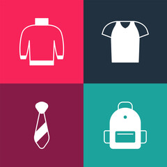 Set pop art School backpack, Tie, T-shirt and Sweater icon. Vector