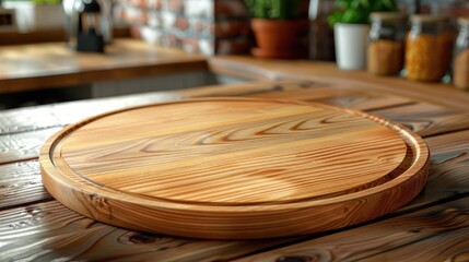 Wooden round board with an empty space on a bright kitchen table. Generative Ai