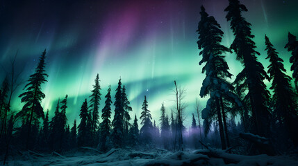 Spellbinding Display of the Aurora Borealis Over a Stark Wilderness Landscape Under a Star-studded Sky - obrazy, fototapety, plakaty