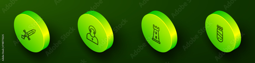 Poster set isometric line medieval sword, monk, castle tower and quiver with arrows icon. vector