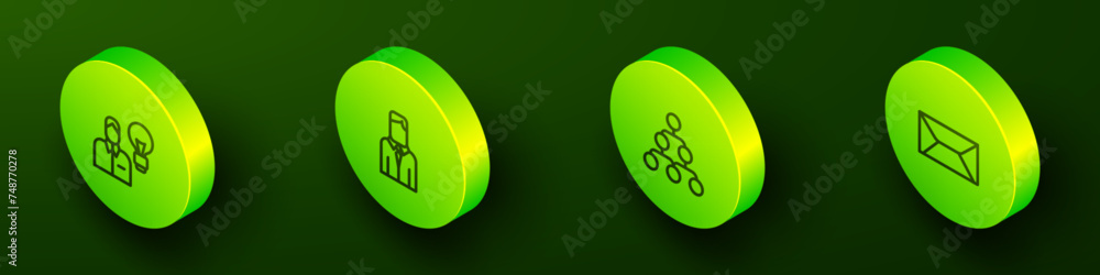 Aufkleber set isometric line human with lamp bulb, worker, hierarchy organogram chart and envelope icon. vecto