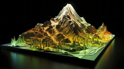 Glowing topographic large mountains. Mountains and hills in neon light