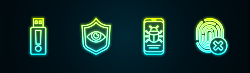 Set line USB flash drive, Shield and eye, System bug on mobile and Cancelled fingerprint. Glowing neon icon. Vector