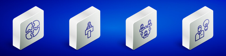 Set Isometric line Piece of puzzle, Stage stand or tribune, Project team base and Human with lamp bulb icon. Vector