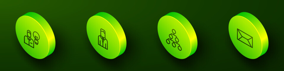 Set Isometric line Human with lamp bulb, Worker, Hierarchy organogram chart and Envelope icon. Vector