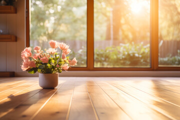 Sunlit Vase of Pink Flowers on Wooden Floor.