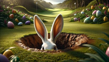  Bunny Ears Emerging from Hole in Earth - obrazy, fototapety, plakaty